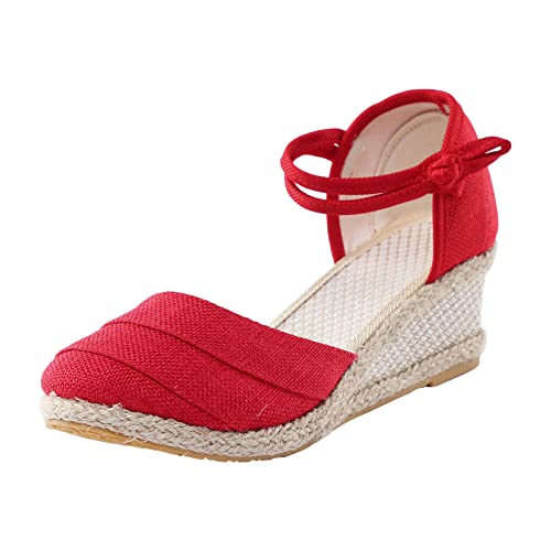 DABASHAN Damen Wedge Espadrilles Keilabsatz Plateau Wedges Sandaletten Bequem Boho Flip Flops Flache Schuhe Lässige Zehentrenner Sommerschuhe Strandschuhe (Red-B, 37) von DABASHAN