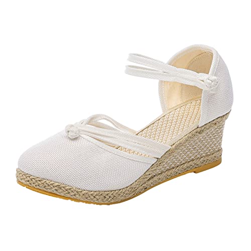 DABASHAN Damen Wedge Espadrilles Keilabsatz Plateau Wedges Sandaletten Bequem Boho Flip Flops Flache Schuhe Lässige Zehentrenner Sommerschuhe Strandschuhe (White-A, 36) von DABASHAN