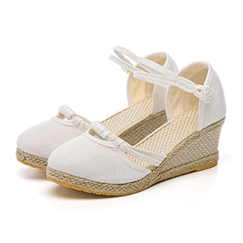 DABASHAN Damen Wedge Espadrilles Keilabsatz Plateau Wedges Sandaletten Bequem Boho Flip Flops Flache Schuhe Lässige Zehentrenner Sommerschuhe Strandschuhe (White-D, 36) von DABASHAN