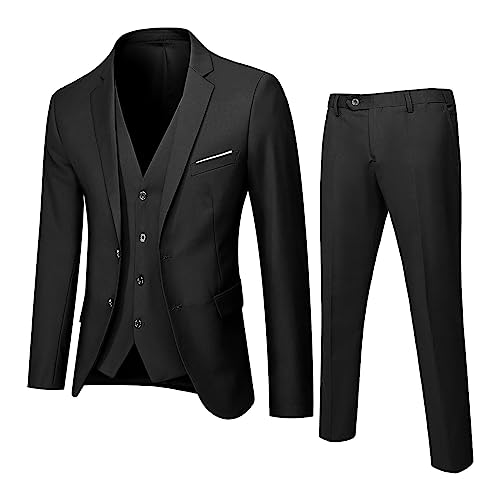 DABASHAN Herren Anzug 3 Teilig Slim Fit Herrenanzug Sakko Weste Hose Knopf Smoking Anzug Klassische Blazer Weste Hosen Set Männer Anzug für Hochzeit Business (Black-B, M) von DABASHAN