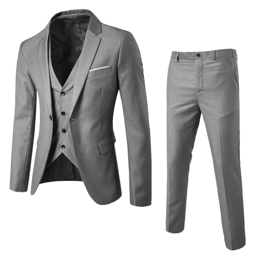 DABASHAN Herren Anzug 3 Teilig Slim Fit Herrenanzug Sakko Weste Hose Knopf Smoking Anzug Klassische Blazer Weste Hosen Set Männer Anzug für Hochzeit Business (Grey-1, S) von DABASHAN