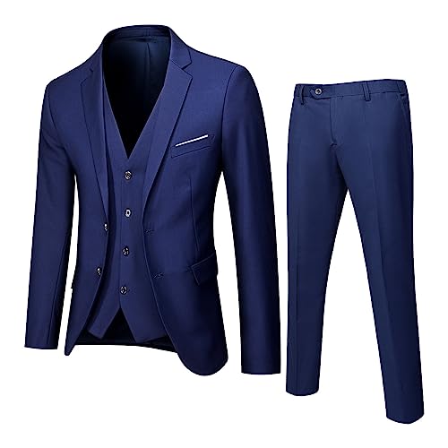 DABASHAN Herren Anzug 3 Teilig Slim Fit Herrenanzug Sakko Weste Hose Knopf Smoking Anzug Klassische Blazer Weste Hosen Set Männer Anzug für Hochzeit Business (Navy-B, XXXL) von DABASHAN