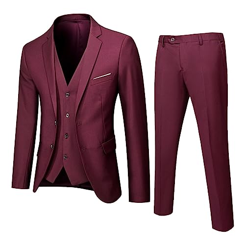 DABASHAN Herren Anzug 3 Teilig Slim Fit Herrenanzug Sakko Weste Hose Knopf Smoking Anzug Klassische Blazer Weste Hosen Set Männer Anzug für Hochzeit Business (Red-B, L) von DABASHAN