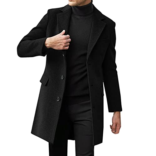 Herren Wintermantel Slim Fit Wollmantel Stehkragen Business Herrenmantel Lange Trenchcoat Windbreaker Jacken Winter Warm Freizeit Mantel (A-Black, L) von DABASHAN