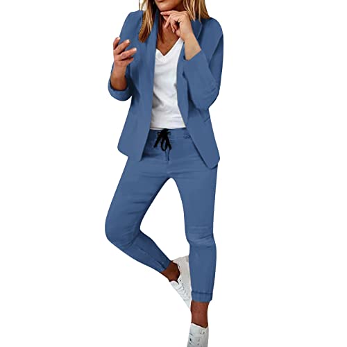 DABASHAN Hosenanzüge für Damen Blazer 2-teilig Anzugjacke Elegant Business Anzug Slim Fit Blazer und Hose Outfit Einfarbig Revers Casual Sportlich Freizeitanzug Longblazer Streetwear (Blue-1, L) von DABASHAN