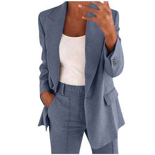 DABASHAN Hosenanzug Damen 2-teilig Elegant Business Anzug Set Slim Fit Blazer und Hose Outfit Einfarbig Revers Casual Sportlich Freizeitanzug Longblazer Lang Hosen Streetwear (Blue-b, M) von DABASHAN