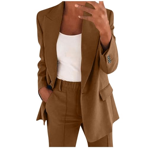 DABASHAN Hosenanzug Damen 2-teilig Elegant Business Anzug Set Slim Fit Blazer und Hose Outfit Einfarbig Revers Casual Sportlich Freizeitanzug Longblazer Lang Hosen Streetwear (Coffee-b, L) von DABASHAN