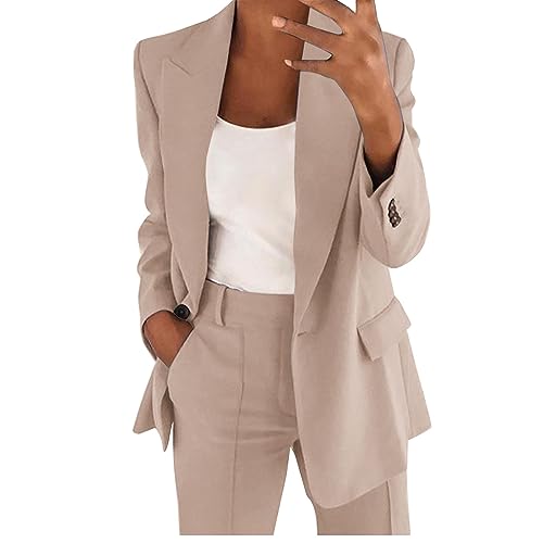 DABASHAN Hosenanzug Damen 2-teilig Elegant Business Anzug Set Slim Fit Blazer und Hose Outfit Einfarbig Revers Casual Sportlich Freizeitanzug Longblazer Lang Hosen Streetwear (Khaki-a, L) von DABASHAN