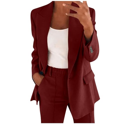 DABASHAN Hosenanzug Damen 2-teilig Elegant Business Anzug Set Slim Fit Blazer und Hose Outfit Einfarbig Revers Casual Sportlich Freizeitanzug Longblazer Lang Hosen Streetwear (Red-b, XXL) von DABASHAN