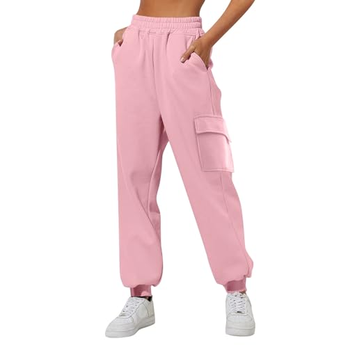 DABASHAN Jogginghose Damen Baumwolle Sporthosen Lange Yoga Hosen High Waist Fitness Laufhosen Winter Warme Sweatpants Freizeithose Trainingshose mit Taschen (1-Pink, XXXL) von DABASHAN