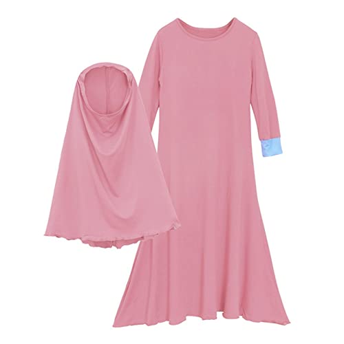 DABASHAN Mädchen Gebetskleidung Kinder Langes Maxikleid Muslim Kleider Einfarbig Mädchen Zweiteilige Kleider (Hot Pink, 13-14 Years) von DABASHAN