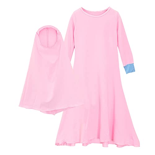 DABASHAN Mädchen Gebetskleidung Kinder Langes Maxikleid Muslim Kleider Einfarbig Mädchen Zweiteilige Kleider (Pink, 5-6 Years) von DABASHAN