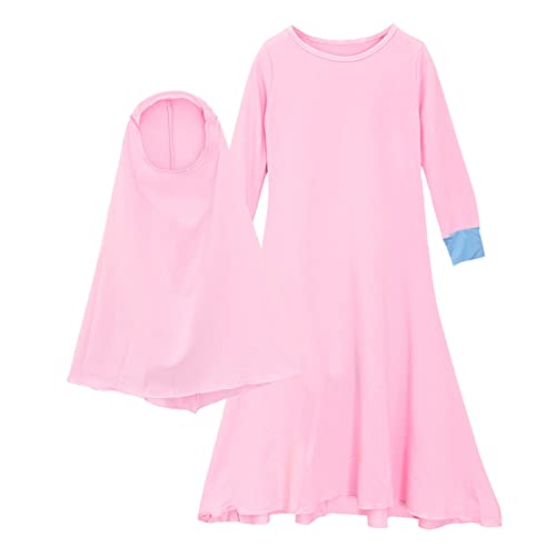 DABASHAN Mädchen Gebetskleidung Kinder Langes Maxikleid Muslim Kleider Einfarbig Mädchen Zweiteilige Kleider (Pink, 7-8 Years) von DABASHAN