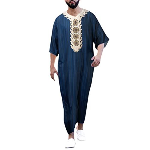 DABASHAN Muslimische Robe Herren Arabische Männer Thobe Halbarm Dubai Robe Islamisch Ramadan Gebetskleidung Lang Abaya Muslim Kaftan (G-Dark Blue, XL) von DABASHAN