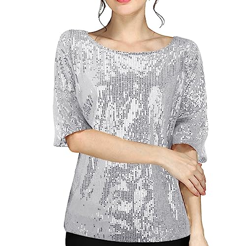 Pailletten Oberteile für Damen Tunika Lässig Rundhals Glitzer Oberteile Langarmshirt Festliche Bluse Einfarbig Glänzend Pailletten Tops Tshirt Party Wedding Glitzer Tops (a-Silver, XXL) von DABASHAN