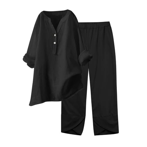 DABASHAN Zweiteiler Damen Baumwolle Leinen Jogginganzug Sommer Elegant Hosenanzug Langarm Bluse mit Knopfleiste und Hose 2 Teiliges Set Übergroßes Einfarbiges Freizeitanzug Sportanzug (1-Black, XXL) von DABASHAN