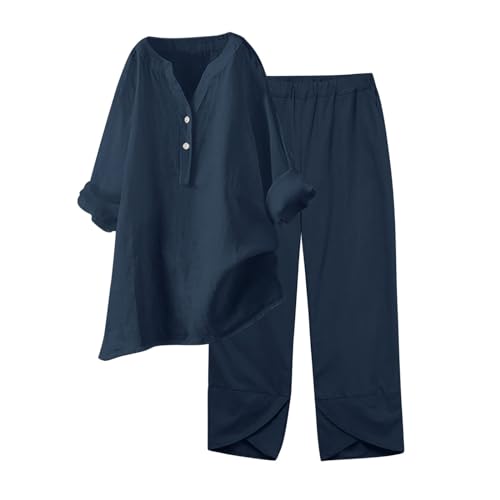 DABASHAN Zweiteiler Damen Baumwolle Leinen Jogginganzug Sommer Elegant Hosenanzug Langarm Bluse mit Knopfleiste und Hose 2 Teiliges Set Übergroßes Einfarbiges Freizeitanzug Sportanzug (1-Navy, XXL) von DABASHAN