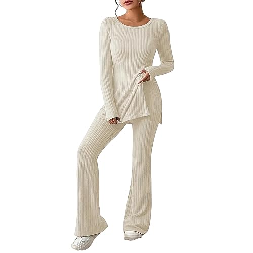 DABASHAN Zweiteiler Damen Strickanzug Langarm Gerippt Strickpullover Schlaghose Sportanzug Jogginganzug Zweiteiler Outfit Weiche Bequeme Freizeitanzug Loungewear Set (2-Beige, L) von DABASHAN