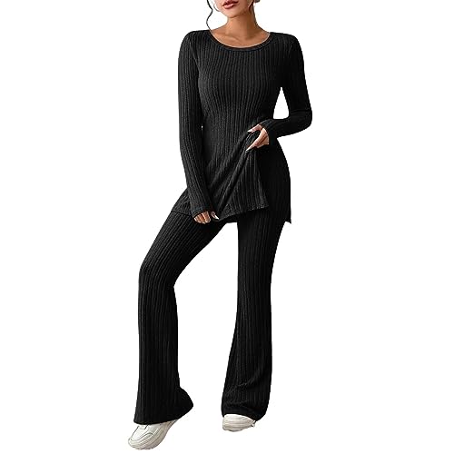 DABASHAN Zweiteiler Damen Strickanzug Langarm Gerippt Strickpullover Schlaghose Sportanzug Jogginganzug Zweiteiler Outfit Weiche Bequeme Freizeitanzug Loungewear Set (2-Black, L) von DABASHAN