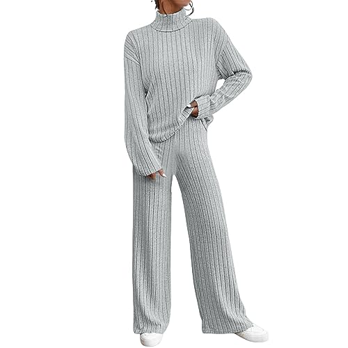 DABASHAN Zweiteiler Damen Strickanzug Langarm Rollkragen Strickpullover Lange Schlaghose Zweiteiler Set Sportanzug Herbst Winter Jogginganzug Freizeitanzug Loungewear (b-Grey, S) von DABASHAN