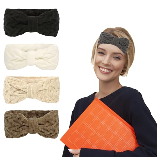 Damen Gestrickt Stirnband Winter Häkeln Stirnbänder Gestrickt Stirnband Verdicken Haarbänder Ohrenwärmer Breit Elastische Headwrap für Frauen Mädchen (3-Black+White+Beige+Khaki, One Size) von DABASHAN