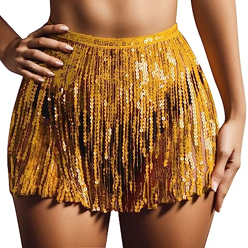 Pailletten Rock Damen Quasten Rock Rave Rock Bauchtanz Mini Rock Karneval Fransen Rock Quastenrock für Damen Mädchen (Gold, L) von DABASHAN