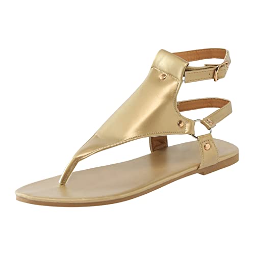 Pantoletten Damen Sommer Elegant Casual Boho Pantoletten Sandalen Orthopädische Sexy Leichte Zehentrenner Damensandalen Plateau Strand Sandalen Flache Lässige Offene Zehentrenner (Gold-B, 35.5) von DABASHAN