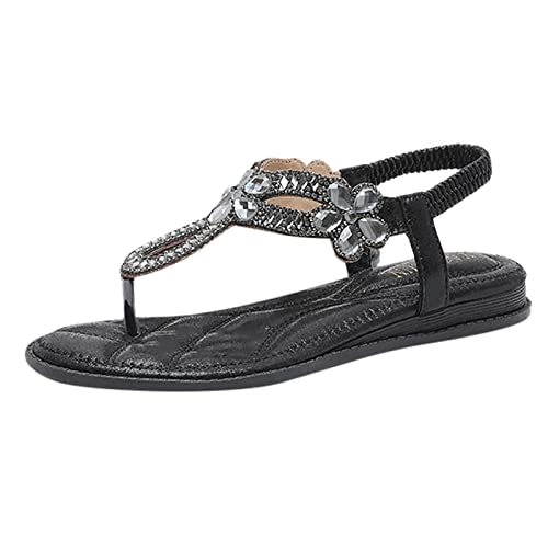 Sandalen Damen Sommer Flach Bequem Zehentrenner Sandaletten mit Strass Perlen Elegant Flache Strass Bohemia T-Riemen Frauen Sandalen Weichen Sohlen Sommerschuhe Glitzer Flip Flops (b-Black, 37) von DABASHAN