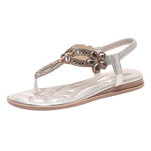 Sandalen Damen Sommer Flach Bequem Zehentrenner Sandaletten mit Strass Perlen Elegant Flache Strass Bohemia T-Riemen Frauen Sandalen Weichen Sohlen Sommerschuhe Glitzer Flip Flops (b-Gold, 36) von DABASHAN