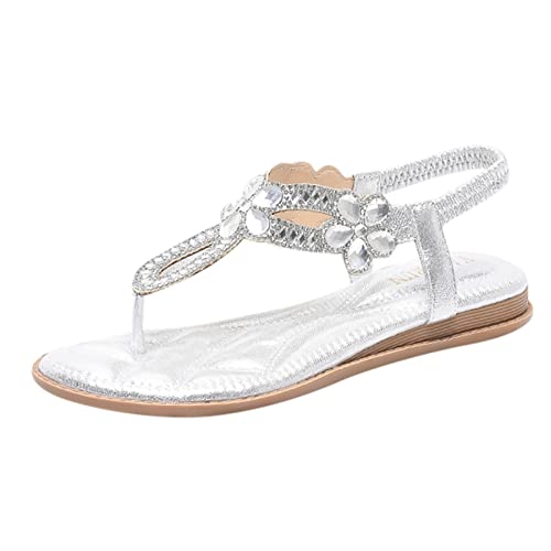 Sandalen Damen Sommer Flach Bequem Zehentrenner Sandaletten mit Strass Perlen Elegant Flache Strass Bohemia T-Riemen Frauen Sandalen Weichen Sohlen Sommerschuhe Glitzer Flip Flops (b-White, 37) von DABASHAN