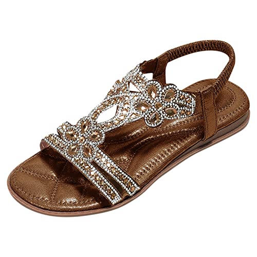 Sandalen Damen Sommer Flach Bequem Zehentrenner Sandaletten mit Strass Perlen Elegant Flache Strass Bohemia T-Riemen Frauen Sandalen Weichen Sohlen Sommerschuhe Glitzer Flip Flops (c-Brown, 36) von DABASHAN