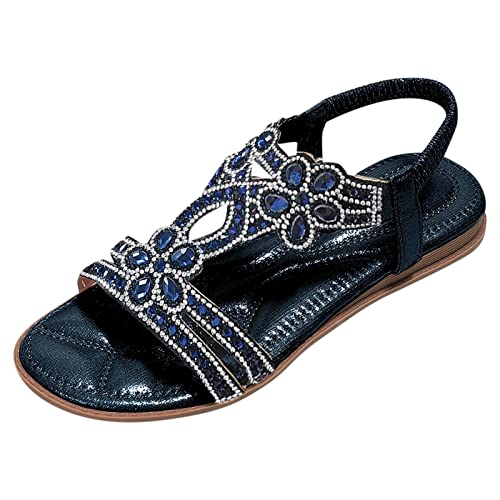 Sandalen Damen Sommer Flach Bequem Zehentrenner Sandaletten mit Strass Perlen Elegant Flache Strass Bohemia T-Riemen Frauen Sandalen Weichen Sohlen Sommerschuhe Glitzer Flip Flops (c-Dark Blue, 37) von DABASHAN