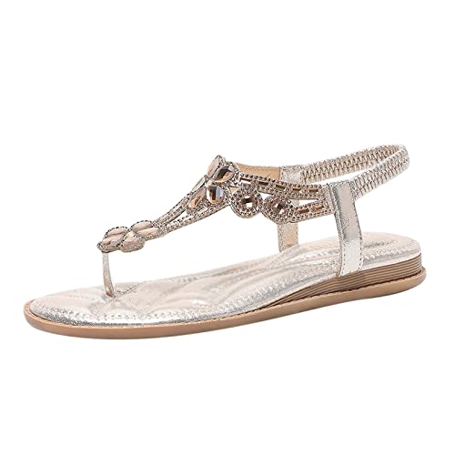 Sandalen Damen Sommer Flach Bequem Zehentrenner Sandaletten mit Strass Perlen Elegant Flache Strass Bohemia T-Riemen Frauen Sandalen Weichen Sohlen Sommerschuhe Glitzer Flip Flops (d-Gold, 38) von DABASHAN