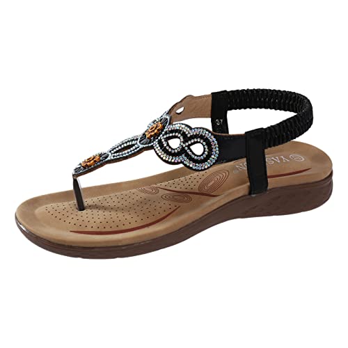 Sandalen Damen Sommer Flach Bequem Zehentrenner Sandaletten mit Strass Perlen Elegant Flache Strass Bohemia T-Riemen Frauen Sandalen Weichen Sohlen Sommerschuhe Glitzer Flip Flops (e-Black, 37) von DABASHAN