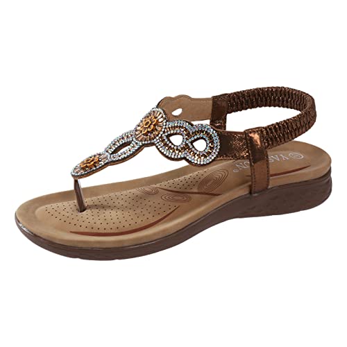 Sandalen Damen Sommer Flach Bequem Zehentrenner Sandaletten mit Strass Perlen Elegant Flache Strass Bohemia T-Riemen Frauen Sandalen Weichen Sohlen Sommerschuhe Glitzer Flip Flops (e-Brown, 36) von DABASHAN