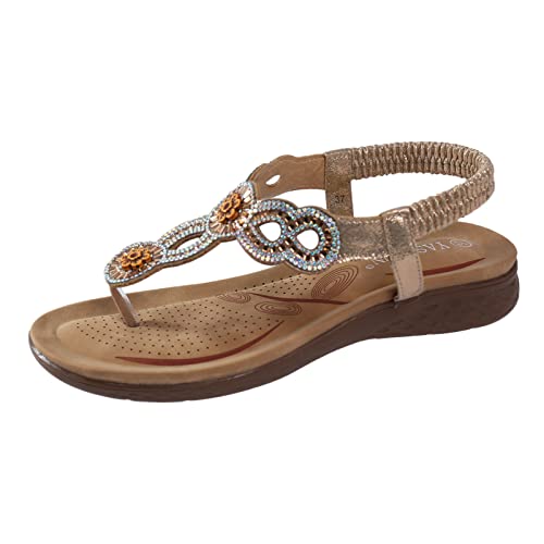 Sandalen Damen Sommer Flach Bequem Zehentrenner Sandaletten mit Strass Perlen Elegant Flache Strass Bohemia T-Riemen Frauen Sandalen Weichen Sohlen Sommerschuhe Glitzer Flip Flops (e-Rose Gold, 38) von DABASHAN