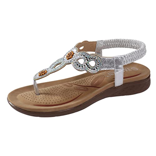 Sandalen Damen Sommer Flach Bequem Zehentrenner Sandaletten mit Strass Perlen Elegant Flache Strass Bohemia T-Riemen Frauen Sandalen Weichen Sohlen Sommerschuhe Glitzer Flip Flops (e-Silver, 36) von DABASHAN