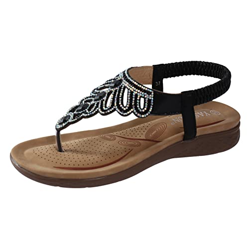 Sandalen Damen Sommer Flach Bequem Zehentrenner Sandaletten mit Strass Perlen Elegant Flache Strass Bohemia T-Riemen Frauen Sandalen Weichen Sohlen Sommerschuhe Glitzer Flip Flops (f-Black, 36) von DABASHAN