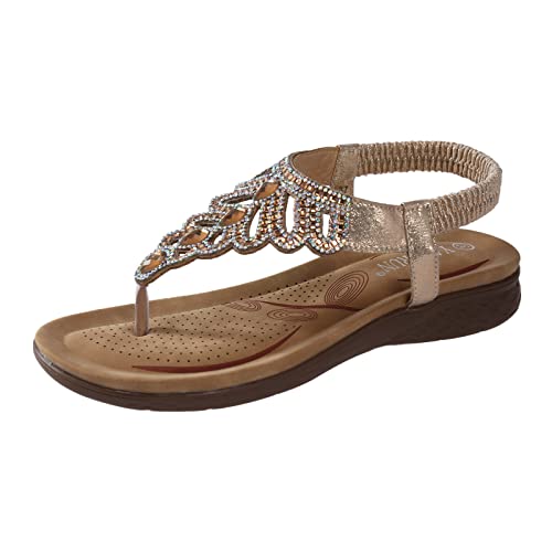 Sandalen Damen Sommer Flach Bequem Zehentrenner Sandaletten mit Strass Perlen Elegant Flache Strass Bohemia T-Riemen Frauen Sandalen Weichen Sohlen Sommerschuhe Glitzer Flip Flops (f-Rose Gold, 36) von DABASHAN