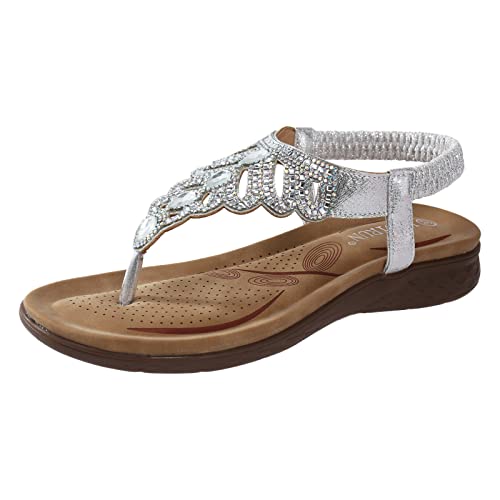 Sandalen Damen Sommer Flach Bequem Zehentrenner Sandaletten mit Strass Perlen Elegant Flache Strass Bohemia T-Riemen Frauen Sandalen Weichen Sohlen Sommerschuhe Glitzer Flip Flops (f-Silver, 39) von DABASHAN