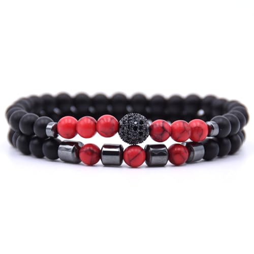 Armbänder Für Damen Und Herren – 6 Mm Natürliche Rote Türkisfarbene Perlen, Mehrschichtiges Stretch-Armband Mit Schwarzen Zirkonia Und Schwarzem Gallenstein Für Damen, Geburtstag, Valentinstag von DACRWEKZ