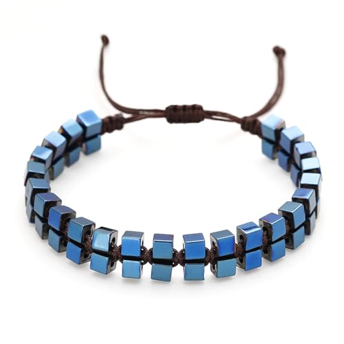 Armbänder Für Damen Und Herren – Natürlicher Blau-Schwarzer Gallenstein, Geflochtene Armbänder, Verstellbares Boho-Schnur-Armband, Geometrische Rechteckige Steinblöcke, Gewebtes Freundschaftsa von DACRWEKZ