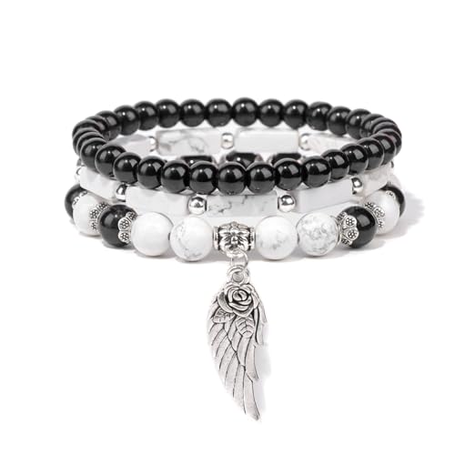 DACRWEKZ Damen-Herren-Armbänder – Natürlicher Schwarzer Gallenstein, Weiß-Türkis, 8 Mm Perlen-Armband, Mehrlagiger Silberner Flügel-Anhänger, Stretch-Armband Für Herren, Damen, Mädchen, Schmuck, Wie von DACRWEKZ