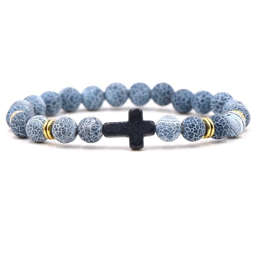 Edelarmband Für Damen – 8 Mm, Stilvolles Armband Aus Natürlichem, Blauem, Verwittertem Stein, Schlichtes Edelsteinarmband Mit Schwarzem Kreuzanhänger Für Damen Und Herren, Origineller Schmuck, von DACRWEKZ