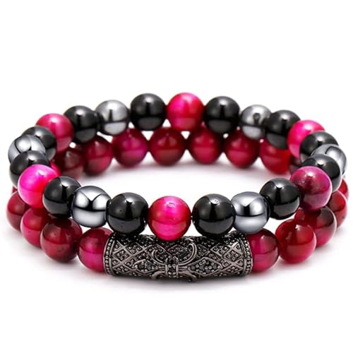 Edelstein-Perlen-Armband – Schwarz Gravierte Zirkonia-Perlenarmbänder Für Damen, Natürlicher Rosa Tigerauge-Stein, Stretch-Armband Für Damen, Herren, Ihn, Freund, Ehemann, Valentinstag, Jahrest von DACRWEKZ