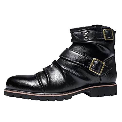 DAIFINEY Herrenschuhe High Top Lederstiefel Vintage Gürtelschnalle Plissee Seitlicher Reißverschluss Kurze Stiefel Schuhe Herren Sneaker Blau von DAIFINEY