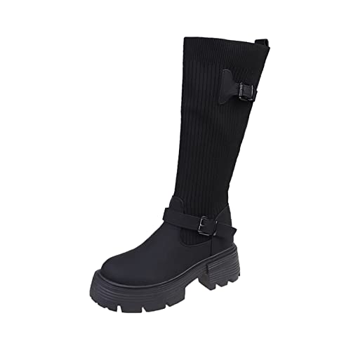 Frauen Mitte Wade Stiefel Herbst und Winter Mode Strick Gürtelschnallen Dekoration Bequeme Runde Zehe Dicke Quadratische Absätze Winter Stiefeletten Damen Fell Boots Keilabsatz von DAIFINEY