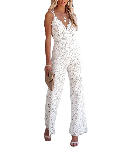 DAIHAN Damen Jumpsuit Elegant V Ausschnitt Spitze Schicke Overall Cocktail Party Overalls Hosenanzug Playsuit Lang Romper,Weiß,S von DAIHAN