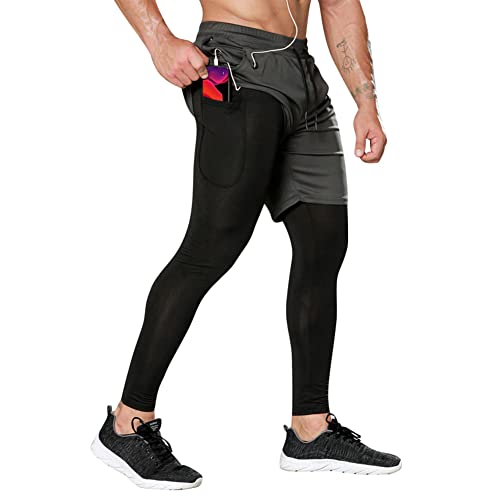 DAIHAN Kompressionshose Herren Laufhose Lang Legging Laufshorts 2 In 1 Kurze Running Sporthose für Sport, Training, Fitness, Radfahren, Yoga, Wandern, Basketball,Grau,XL von DAIHAN