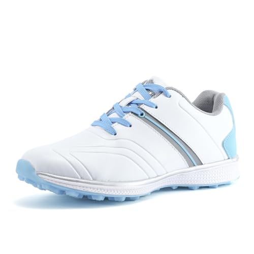 DAMANDO Wasserabweisende Golfschuhe Für Damen Outdoor-Golfschuhe Ohne Spikes Komfort Mode Leder Walking Turnschuhe,Blau,40 EU von DAMANDO